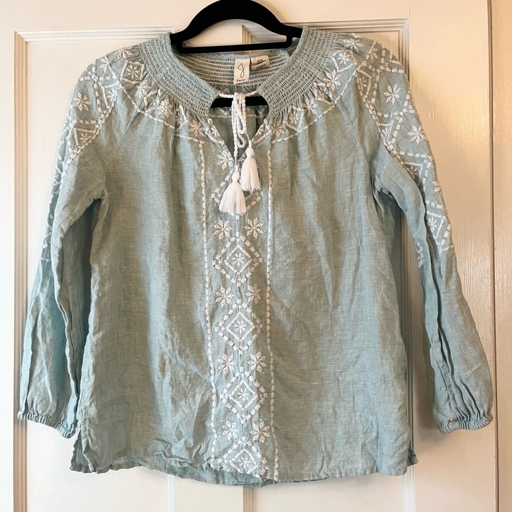 Joie light green liken shirt with tassels embroidery XS - Picture 2 of 6